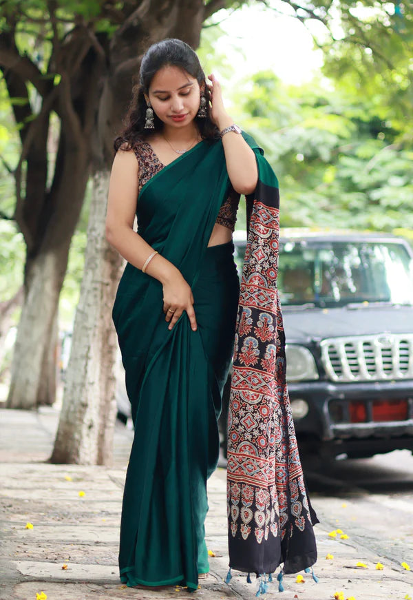 GREEN COLOR AJRAKH SAREE.