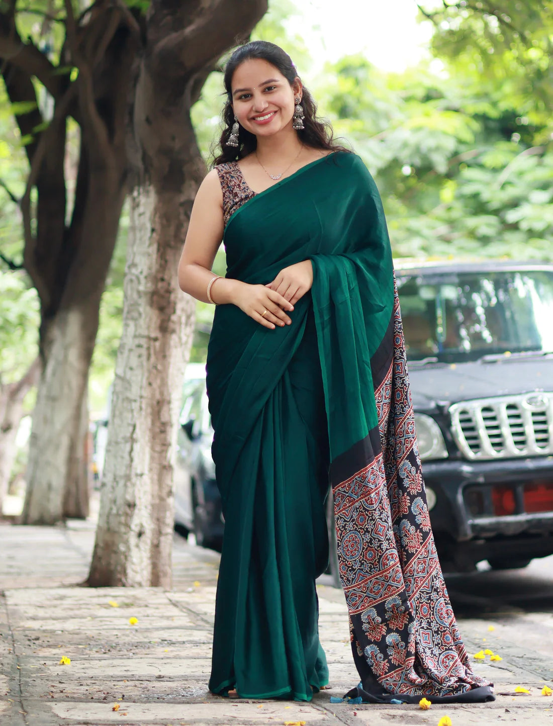 GREEN COLOR AJRAKH SAREE.