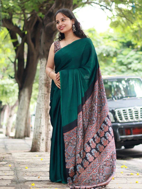 GREEN COLOR AJRAKH SAREE.