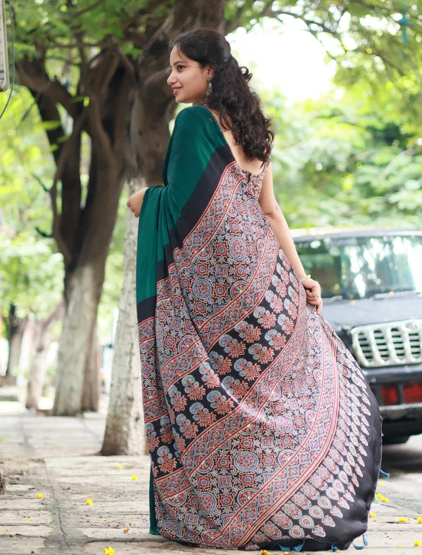 GREEN COLOR AJRAKH SAREE.