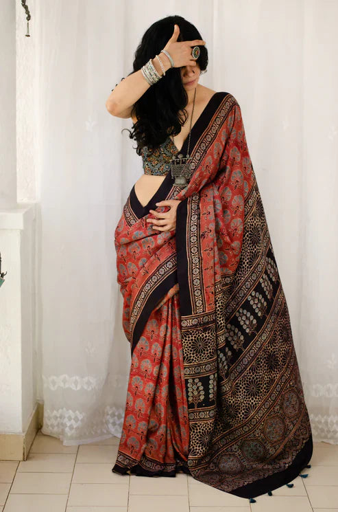 Ajrakh Red And Black Digital Printed Cotton Linen Saree