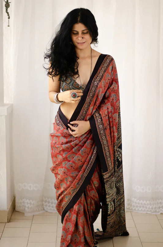 Ajrakh Red And Black Digital Printed Cotton Linen Saree