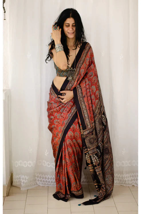 Ajrakh Red And Black Digital Printed Cotton Linen Saree