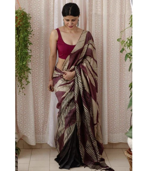 Beautiful Wine Half-Half Digital Printed Cotton Linen Saree