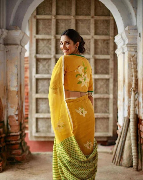 Pure Yellow Kalamkari Digital Printed Cotton Linen Saree