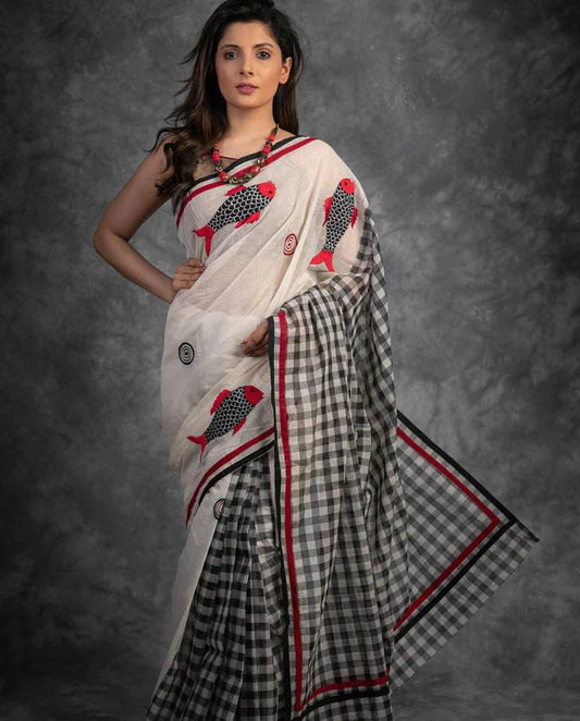 Black And White Color Digital Printed Linen Saree..