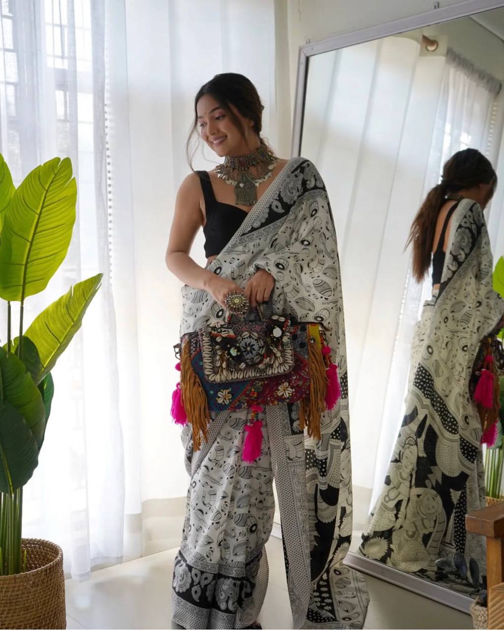 White And Black Color Dholka Digital Printed Linen Saree.