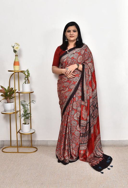 Ajarakh Bollywood Mustard And Indigo Bordar With Digital Printed Linen Cotton Saree