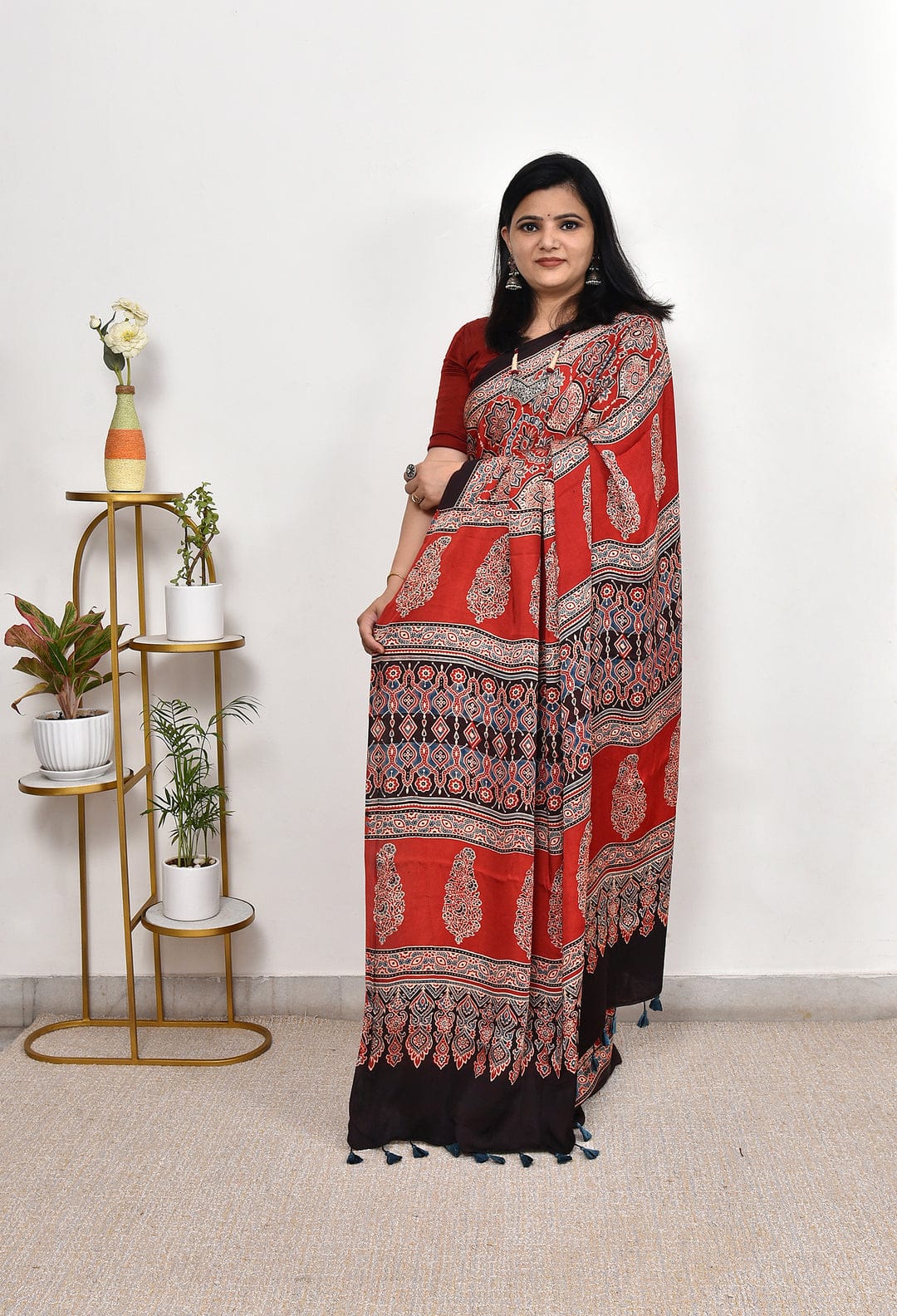 RED COLOR AJRAKH SAREE.