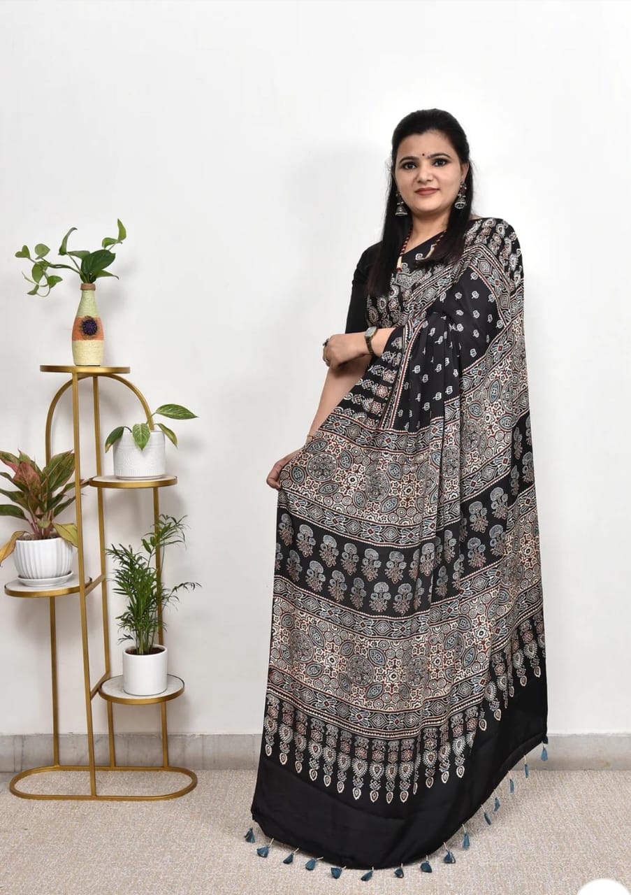 STYLISH BLACK COLOR AJRAKH SAREE..