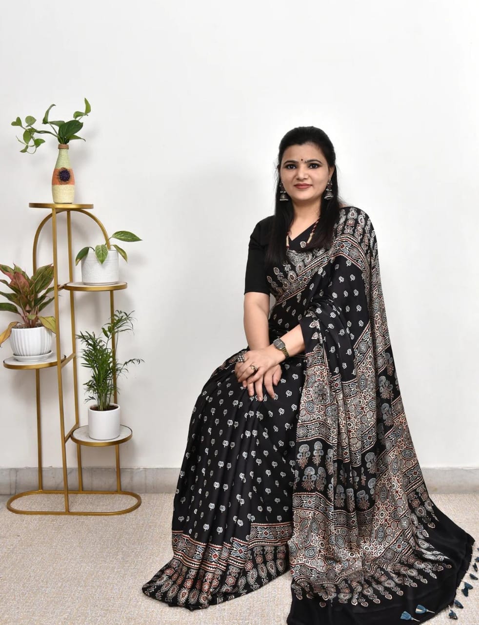 STYLISH BLACK COLOR AJRAKH SAREE..