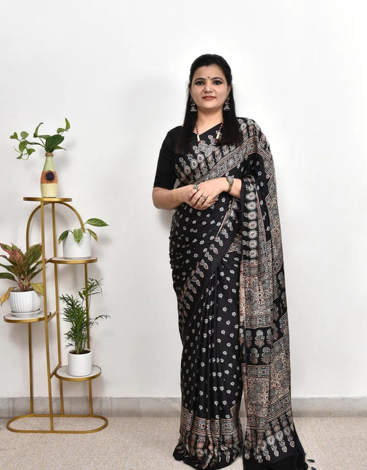 STYLISH BLACK COLOR AJRAKH SAREE..