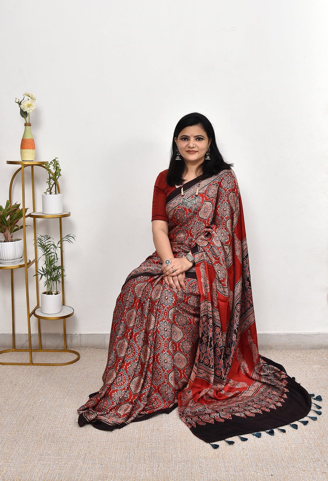 RED COLOR AJRAKH SAREE.