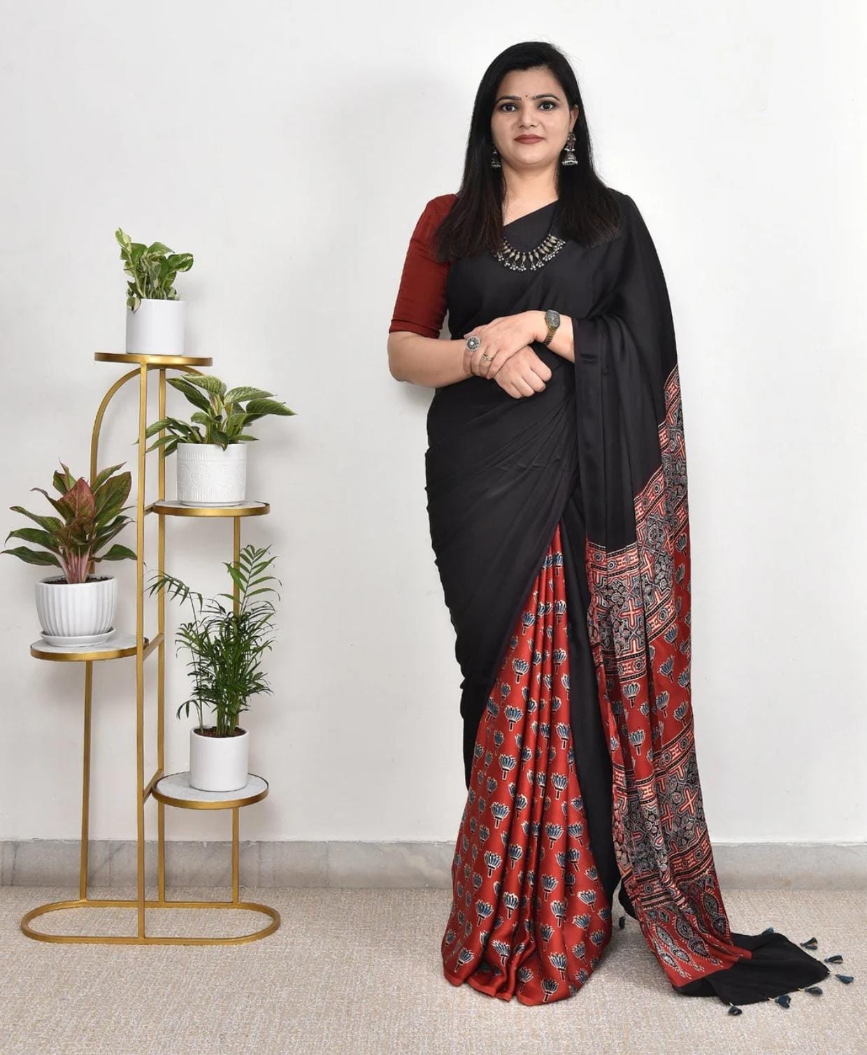 Black and red ajrakh saree