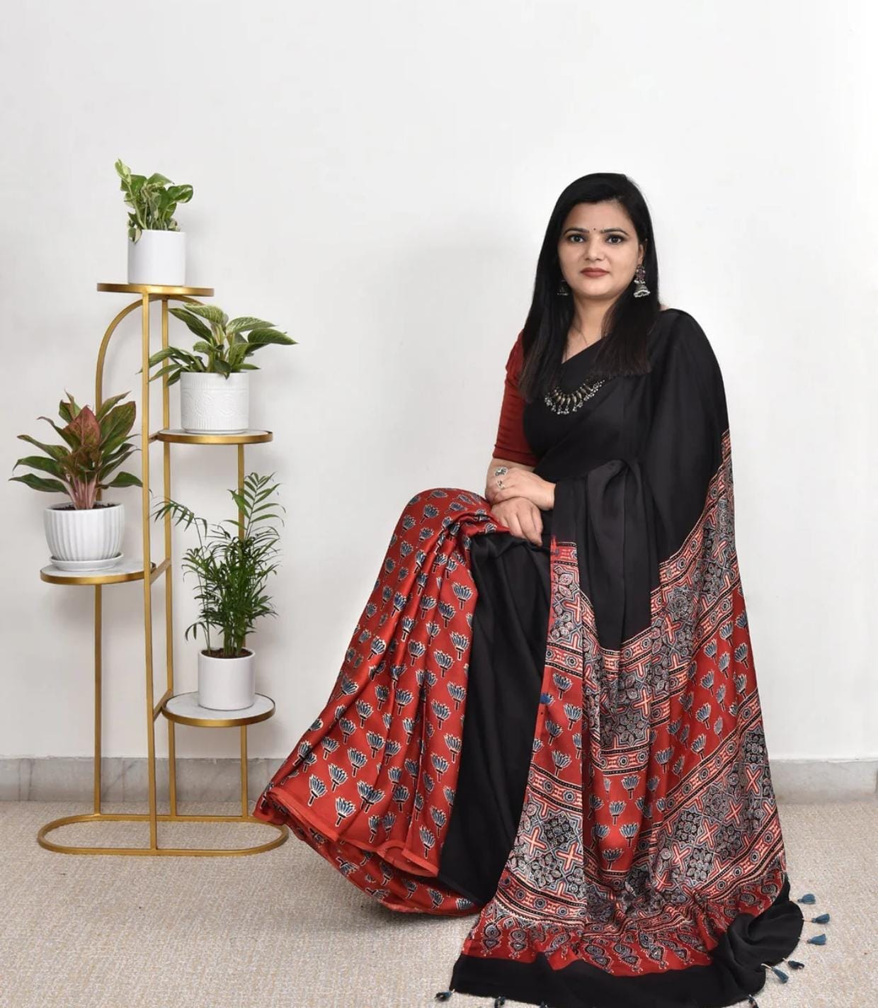 Black and red ajrakh saree