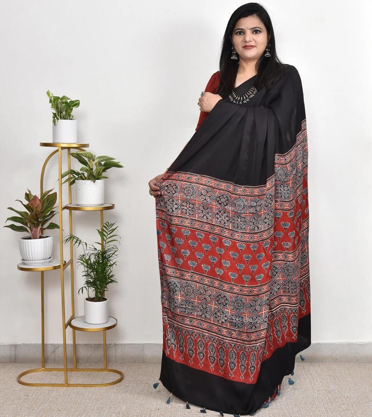 Black and red ajrakh saree