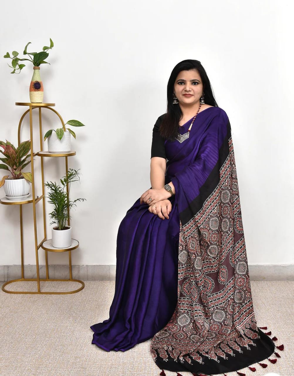 PURPLE COLOR AJRAKH SAREE.