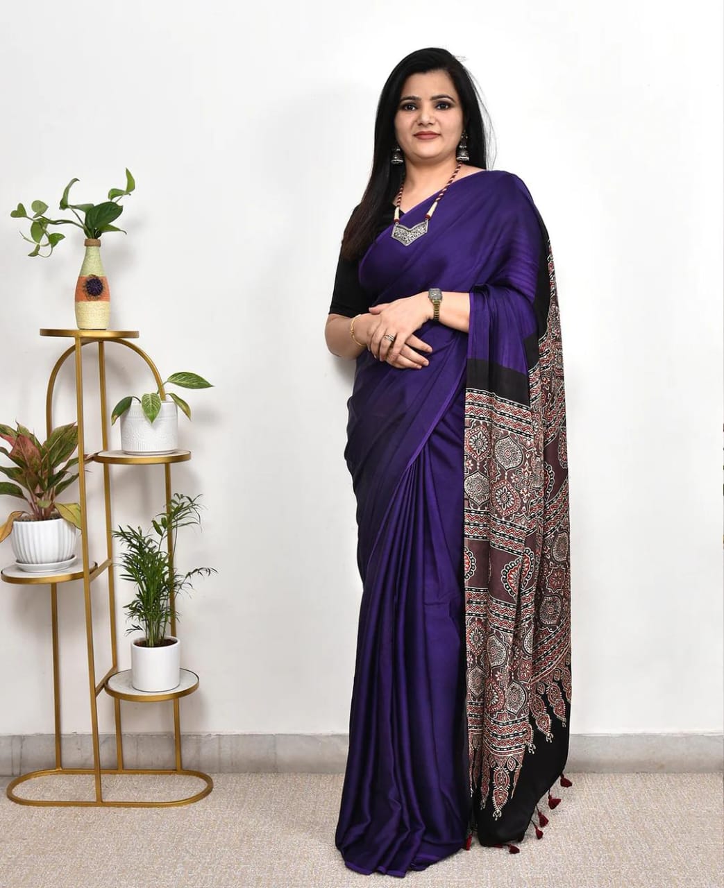 PURPLE COLOR AJRAKH SAREE.