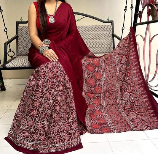 Maroon color ajrakh print saree