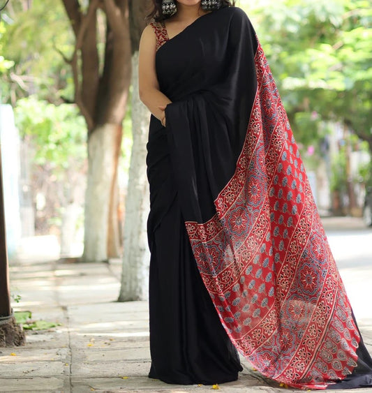 Black color red pallu ajrakh saree