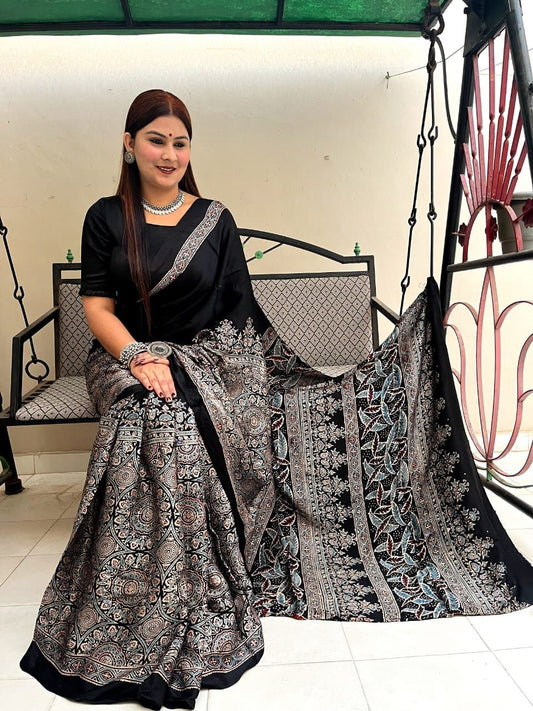 Black color ajrakh printed saree