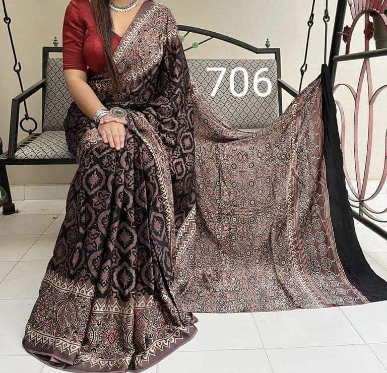 Black and brown ajrakh printed saree