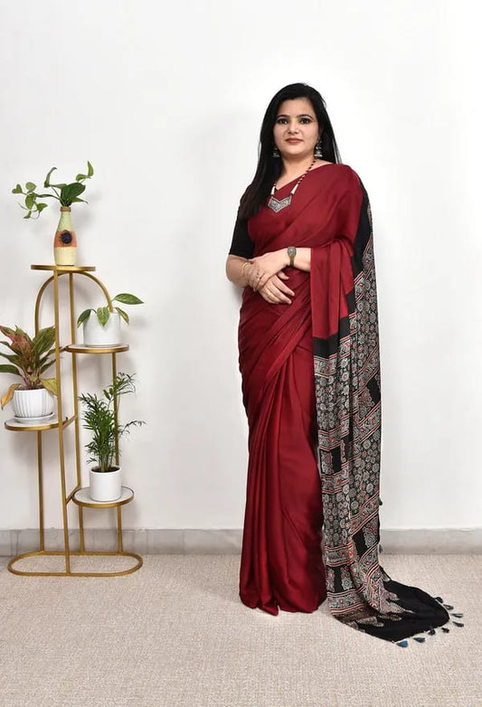 maroon muslin modal silk saree