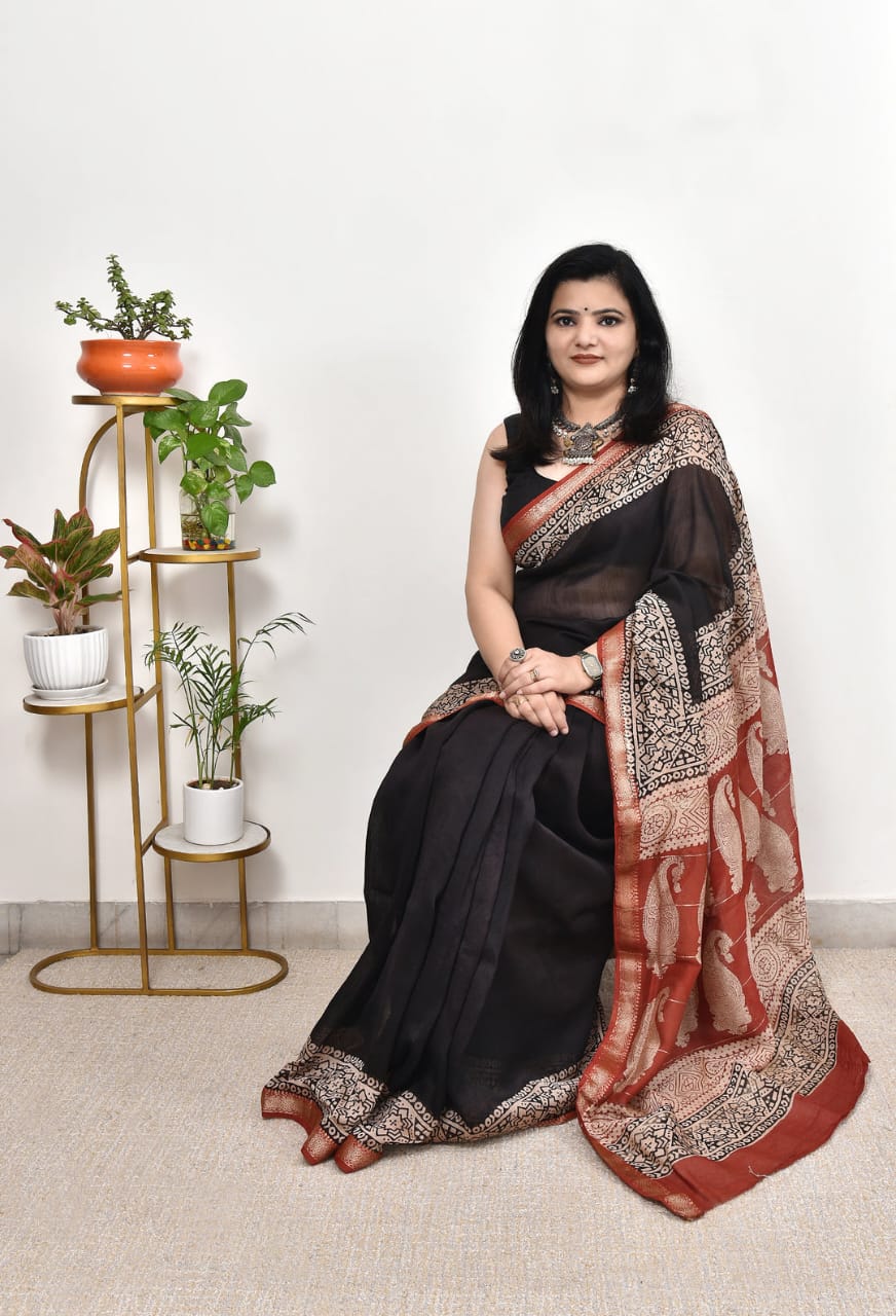 Black and maroon ajrakh saree