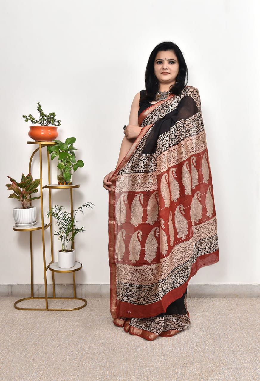 Black and maroon ajrakh saree