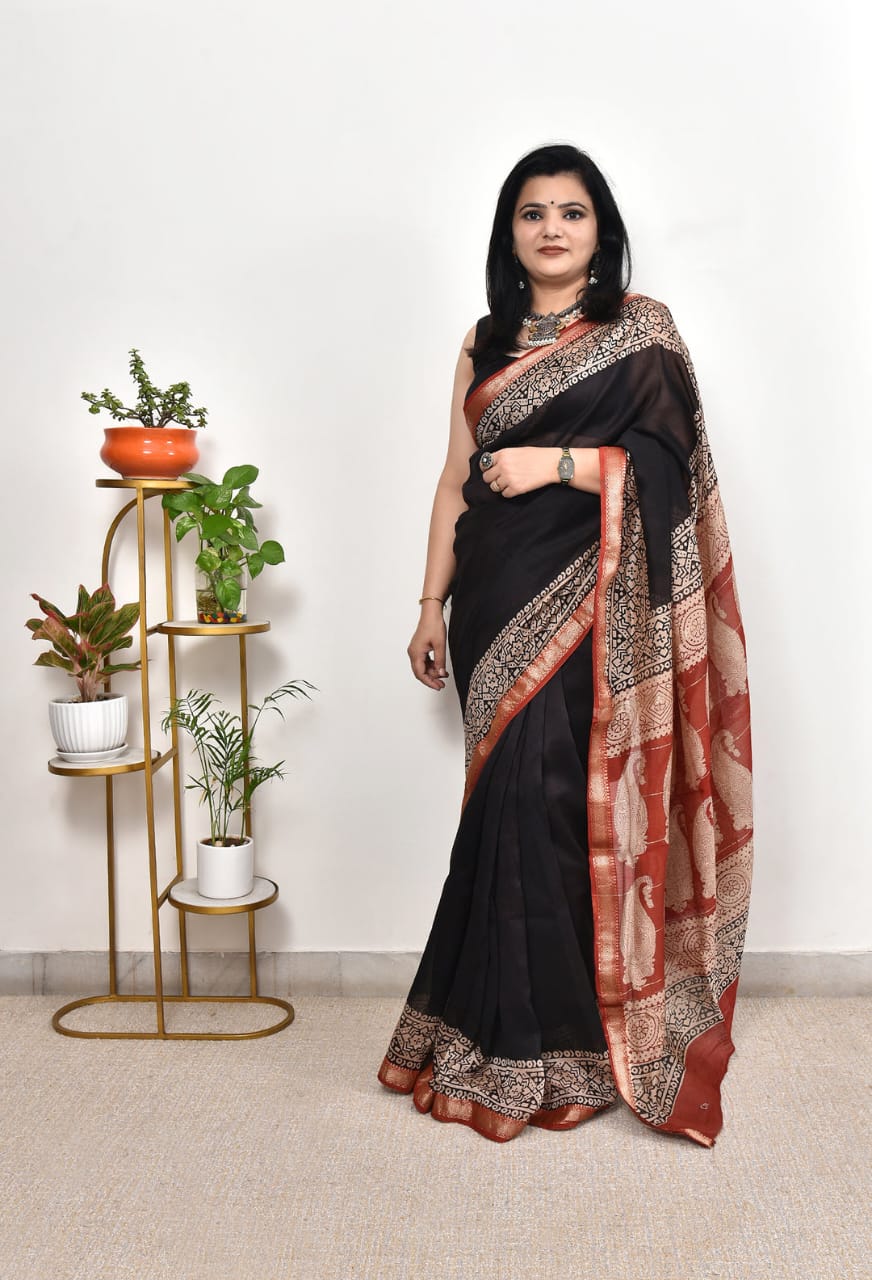 Black and maroon ajrakh saree