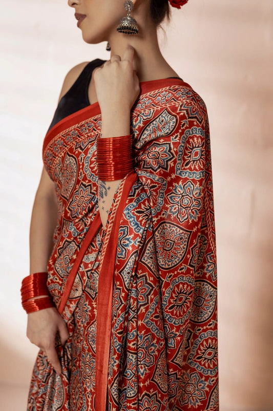 RED COLOR AJRAKH SAREE