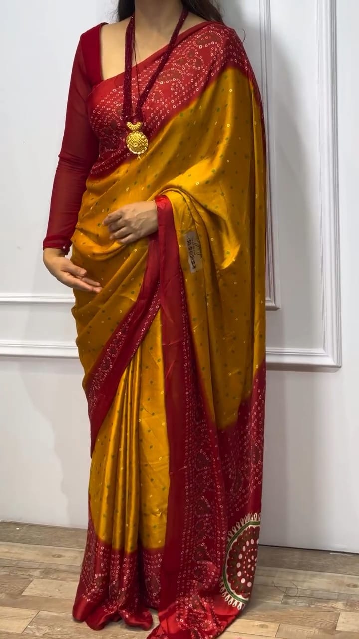 MUSTERD AND RED BANDHANI SAREE