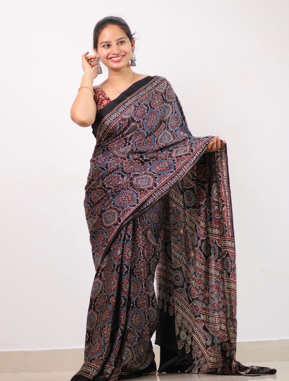 BLACK COLOR AJRAKH SAREE