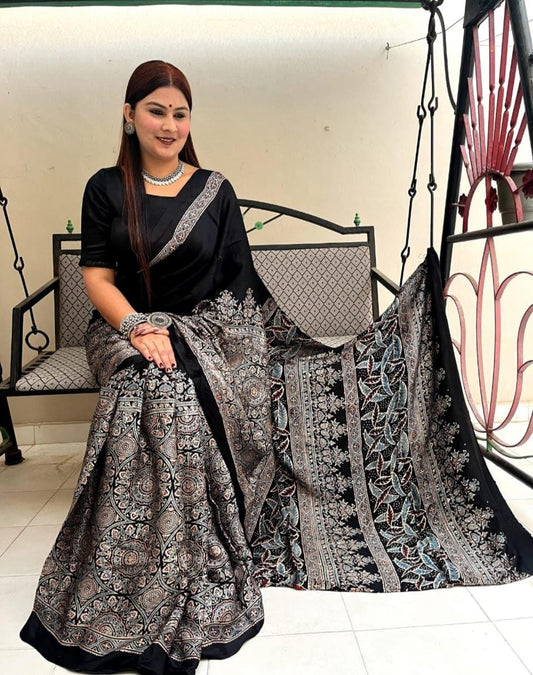 Black color ajrakh saree