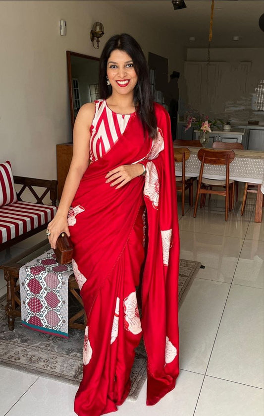 Red color white flower saree