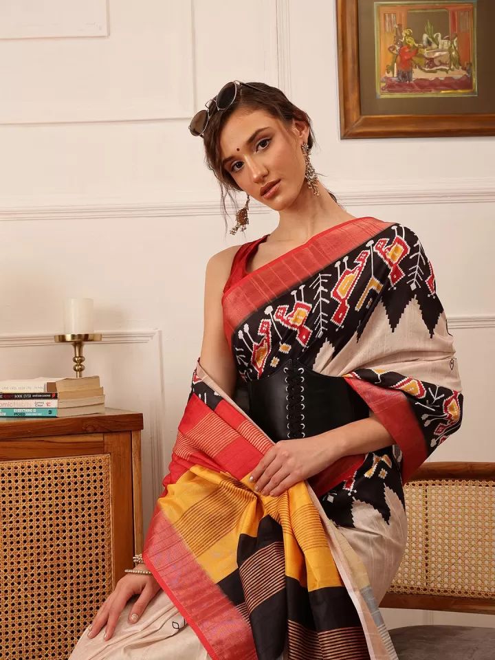 Off-white ikkat saree