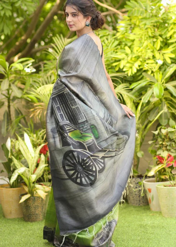 GREY AND GREEN DESIGN COTTON LINEN SAREE WITH AWESOME PRINT