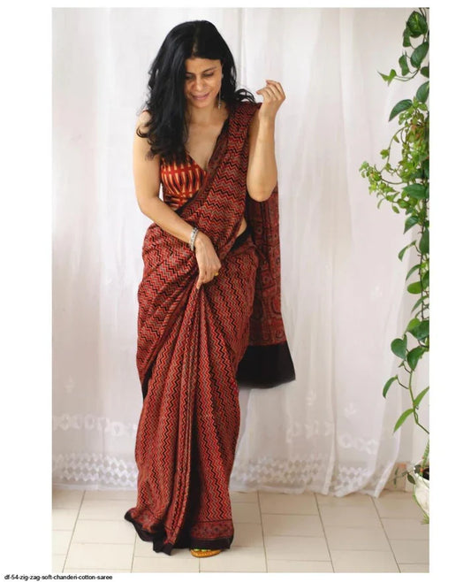 Premium Imported Dark Maroon Zigzag Digital Printed Cotton Linen Saree