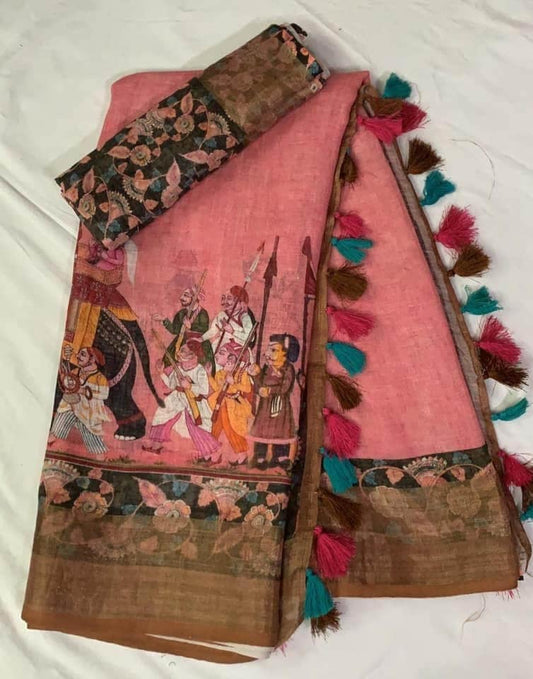 Wonderfull Peach Color Kalamkari Printed Linen Saree