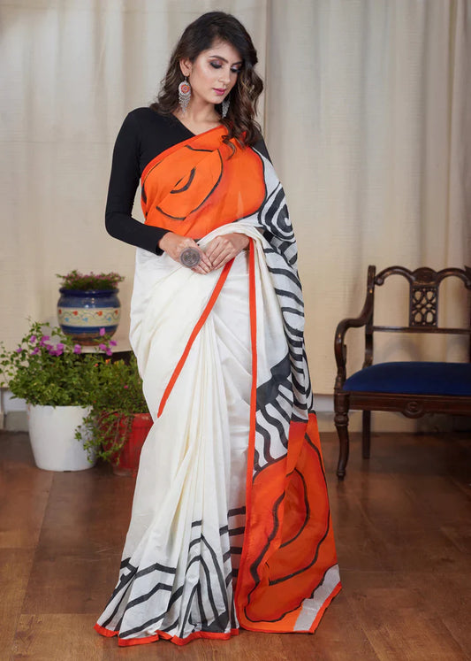 Pure white and Orange Digital Printed Cotton Linen Saree