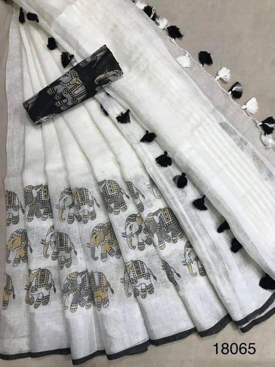 Wonderfull White Color Elephant Printed Linen Saree