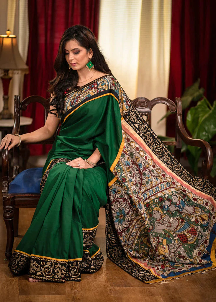 Forest Dark Green Colour Kalamkari Digital Printed Cotton Linen Sarees