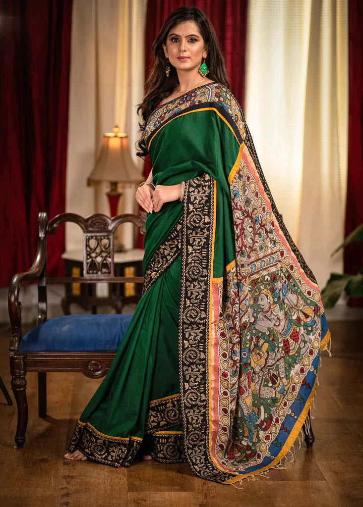 Forest Dark Green Colour Kalamkari Digital Printed Cotton Linen Sarees