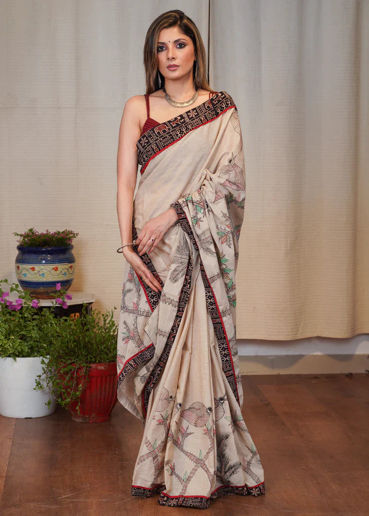 Belge Elegant Cream Colour Digital Printed Linen Cotton Saree