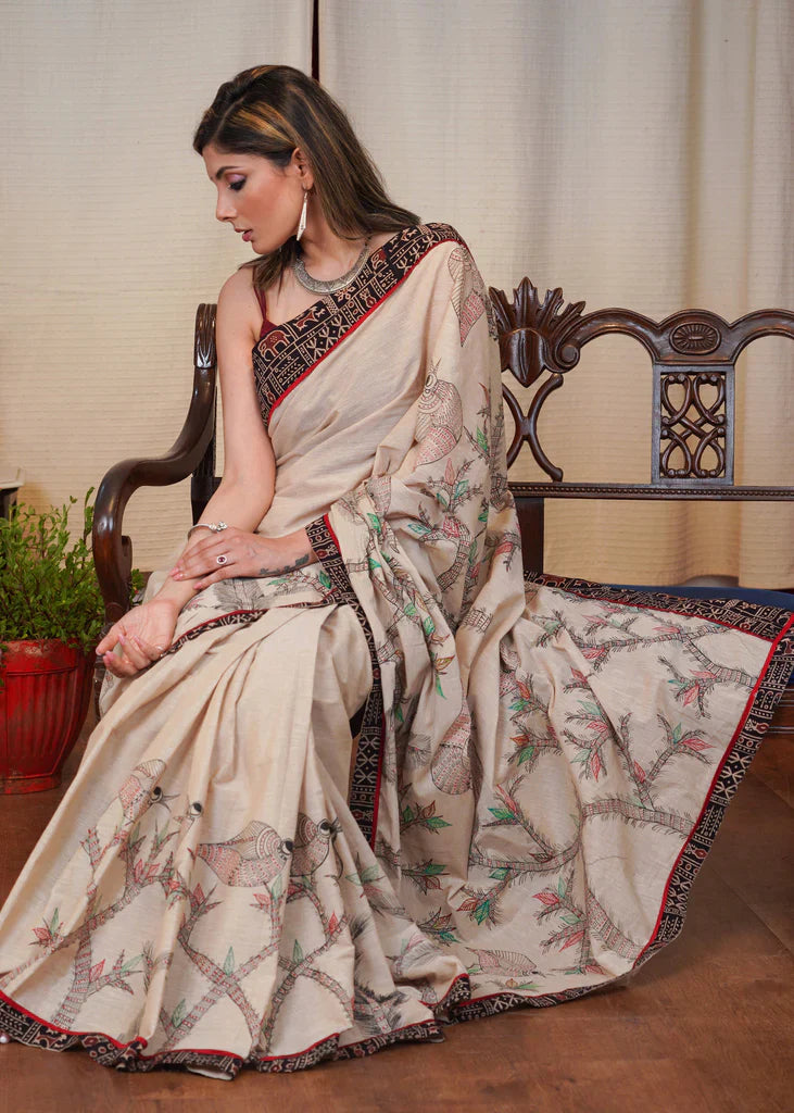 Belge Elegant Cream Colour Digital Printed Linen Cotton Saree