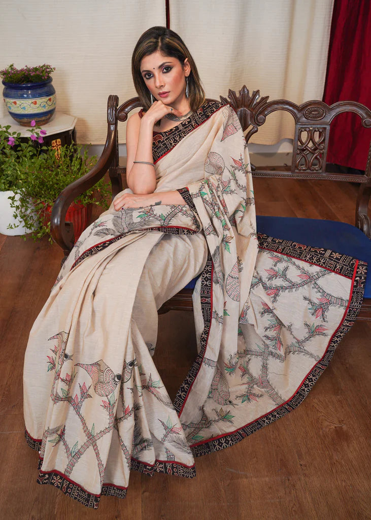 Belge Elegant Cream Colour Digital Printed Linen Cotton Saree