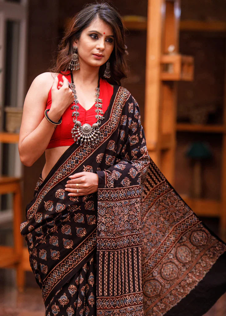 Fancy Black Colour Ajrakh Digital Printed Cotton Linen Sarees