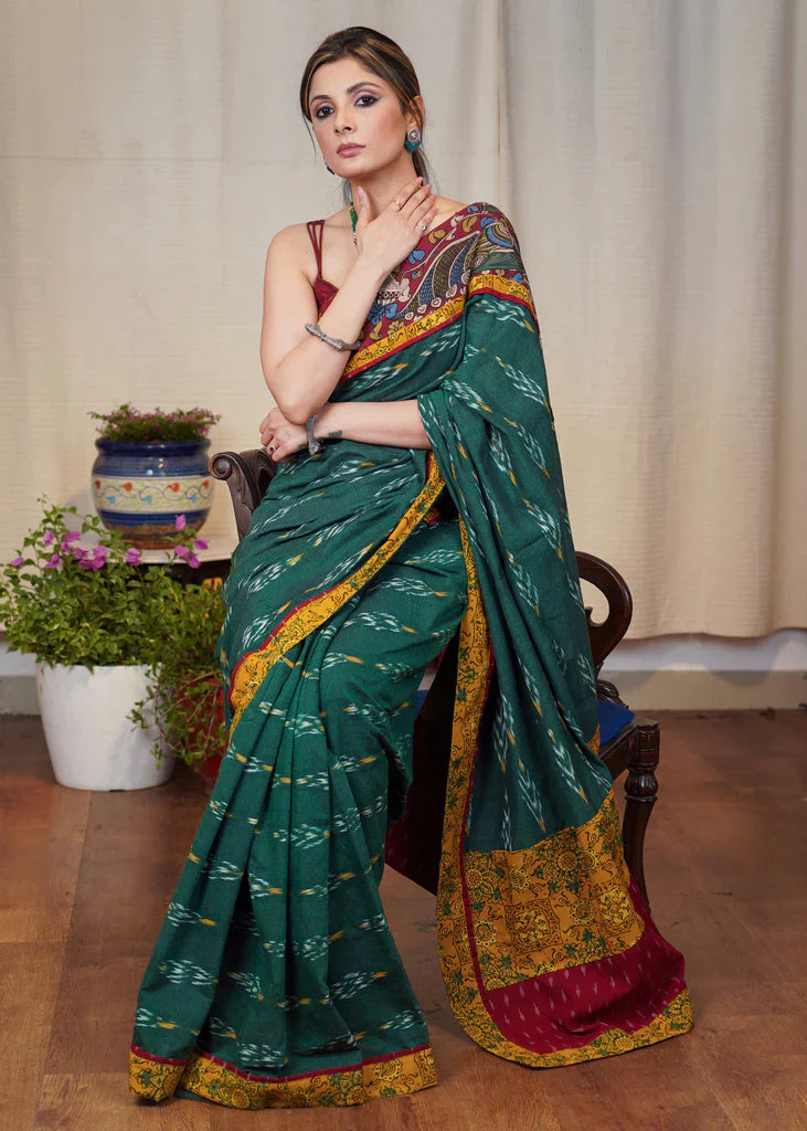 Elegant Dark Green Ikat Kalamkari Digital Printed Cotton Linen Sarees