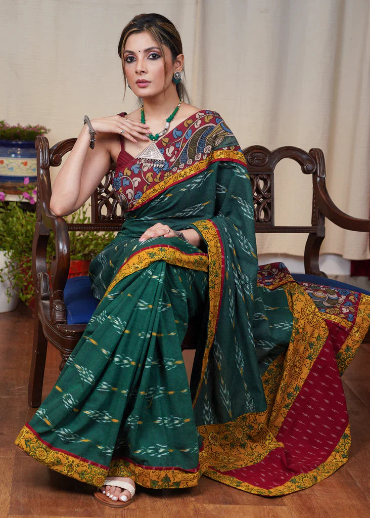 Elegant Dark Green Ikat Kalamkari Digital Printed Cotton Linen Sarees