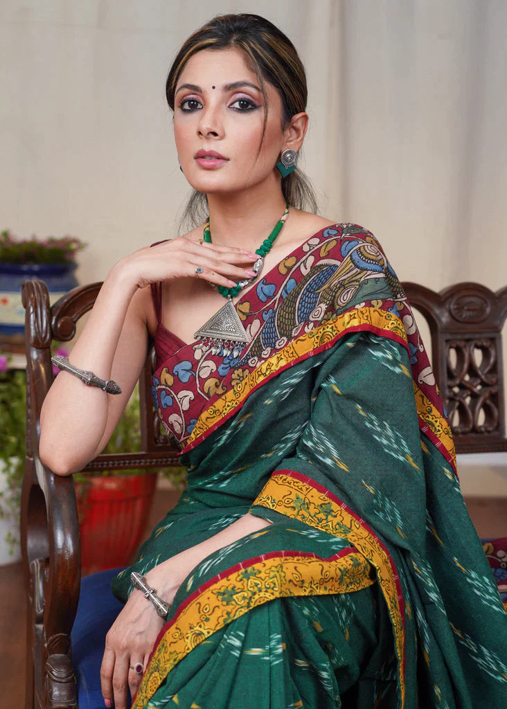 Elegant Dark Green Ikat Kalamkari Digital Printed Cotton Linen Sarees